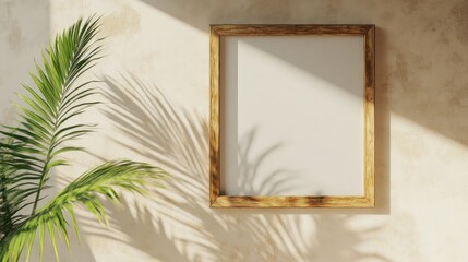 A blank picture frame on a textured wall with a shadow and a green plant nearby.