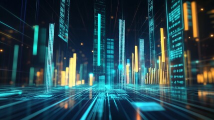 Fototapete - A futuristic 3D bar graph with semi-transparent bars in various shades of blue and green, with digital data flowing around the graph in a virtual reality space.
