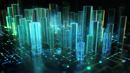 Fototapete - A futuristic 3D bar graph with semi-transparent bars in various shades of blue and green, with digital data flowing around the graph in a virtual reality space.