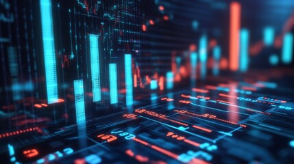 Poster - A futuristic 3D financial bar graph with transparent bars, highlighting profit and loss trends in different sectors, set against a dark digital interface with glowing numbers.