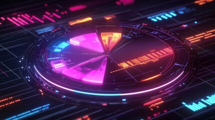Fototapete - A futuristic financial pie chart with neon-colored segments and data points, representing profit margins and financial forecasts, set against a high-tech digital background.