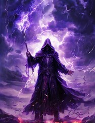 A mysterious hooded wizard in a dark robe casting a powerful lightning spell, standing under a stormy sky filled with thunderclouds. Perfect for fantasy and magic themes.