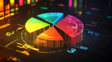 A glossy financial pie chart divided into revenue, expenses, and profit sections, placed on a dark background with floating currency icons and glowing data points.