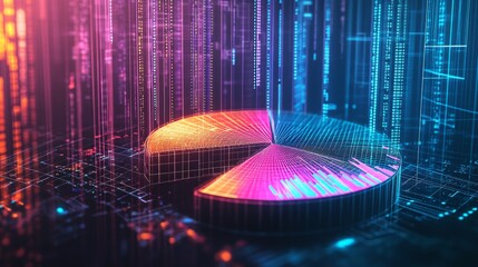 Fototapete - A futuristic financial pie chart with neon-colored segments and data points, representing profit margins and financial forecasts, set against a high-tech digital background.