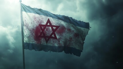 Poster - A rippling Israeli flag waving in the wind, stained with blood and dirt, set against a haunting sky, the blue and white colors barely visible through the stains