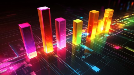 Leinwandbilder - A high-tech 3D bar chart with colorful, reflective bars and a dark gradient background, representing key business insights, with glowing lines and arrows.