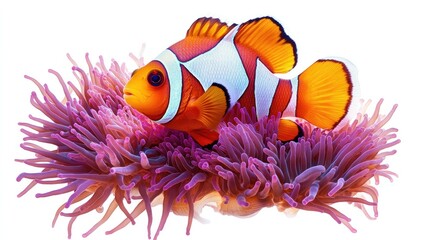 A striking image of a clownfish among sea anemones, isolated on a white background to highlight its vibrant colors and unique habitat.