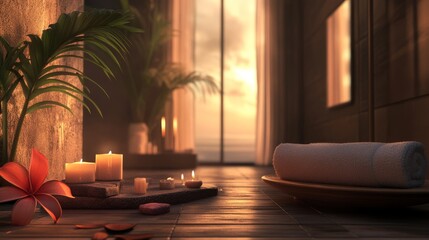 Poster - A bathroom with a large window and a potted plant. A white towel is on the floor next to a candle