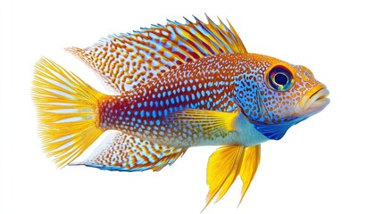 A vibrant tropical fish gracefully swimming, showcased against a clean white background, highlighting its colorful patterns and elegant fins.