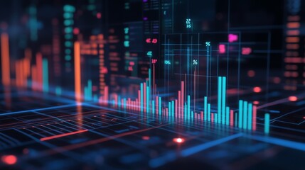 Leinwandbilder - A modern 3D financial bar graph with blue, red, and green bars, highlighting different sectors of the economy, with floating data points and percentages above each bar.