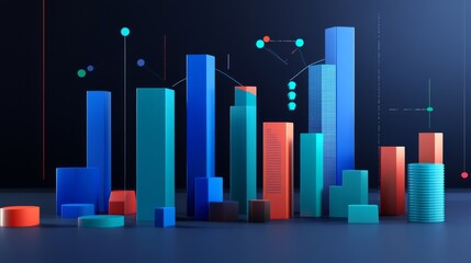 Leinwandbilder - A modern 3D financial bar graph with blue, red, and green bars, highlighting different sectors of the economy, with floating data points and percentages above each bar.