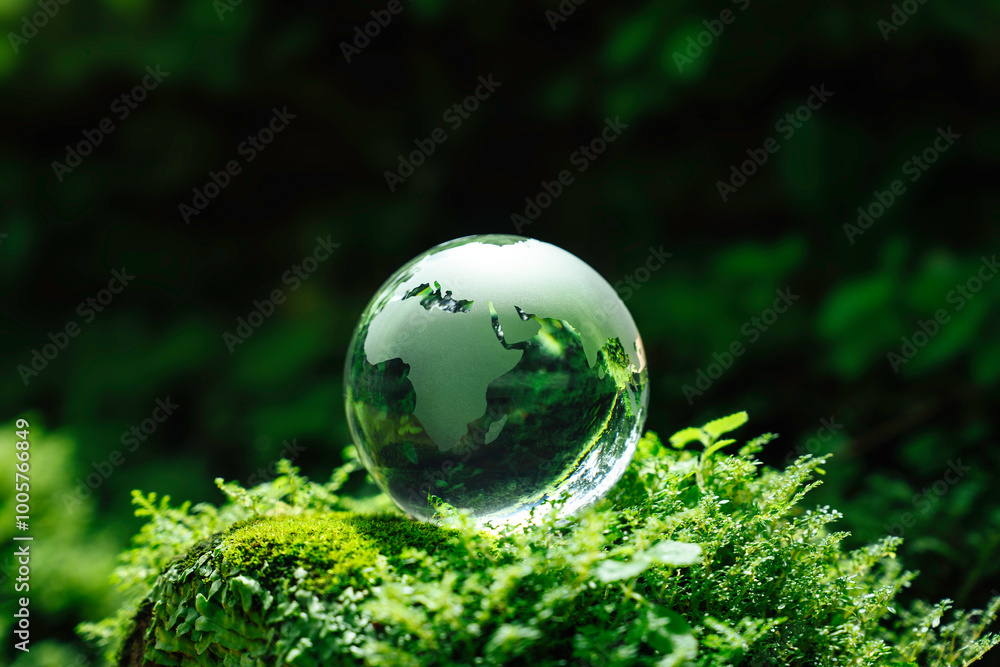 Crystal globe glass on green moss in forest to protect nature Save and ...