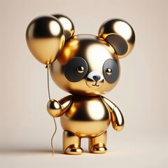 Wall Mural - a cute and hip gold shinny metallic futuristic teddy panda character, balloons