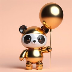 Wall Mural - a cute and hip gold shinny metallic futuristic teddy panda character, balloons