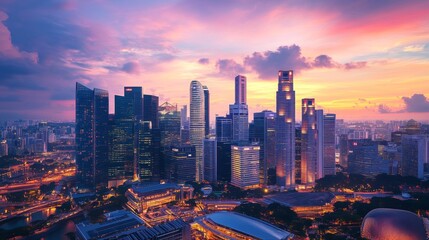 Poster - A panoramic view of a bustling city skyline featuring tall skyscrapers reaching towards the sky, with vibrant lights illuminating the buildings at dusk, capturing the energy of urban life.