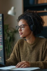 young techie testing new software on their computer, sitting at a desk with notes and a headset, gen