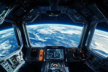 Wall Mural - view of earth planet from space station window with clouds and atmosphere against the backdrop of sp