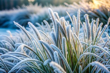 Poster - Frosty grass blades in morning sun close-up