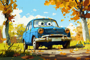 Wall Mural - A beautiful fictional cartoon car with pronounced headlights on a colorful background