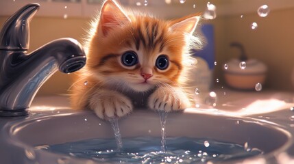 A playful scene of a kitten in a bathroom sink, paws on the edge, with droplets of water falling from the faucet as it curiously watches the water.