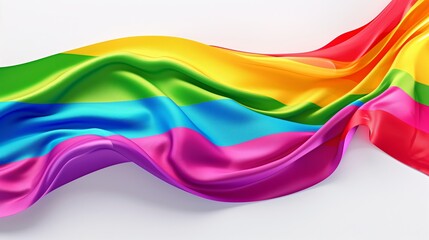 Rainbow flag is shown in full color. The flag is made of a silky material and is very long. The colors of the flag are bright and vibrant, and they are arranged in a rainbow pattern