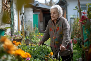 Elderly woman using a walker in her colorful garden, enjoying a peaceful afternoon surrounded by blooming flowers and greenery