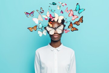 Wall Mural - woman is wearing a butterfly mask and standing in front of a blue background. the butterfly mask is 