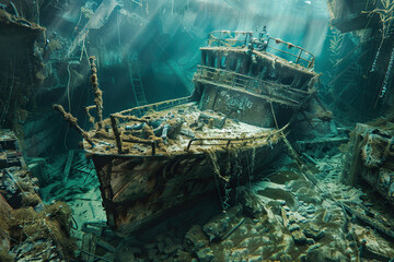 Wall Mural - Underwater view of an sunken ship on seabed with fish swimming around