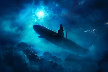 Wall Mural - Beautiful large submarine floating in middle of ocean during mission