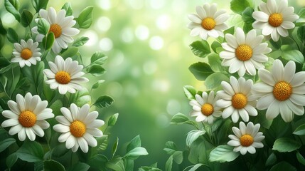 Wall Mural - daisies and green leaves spread on a light green background