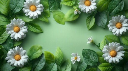 Wall Mural - daisies and green leaves spread on a light green background