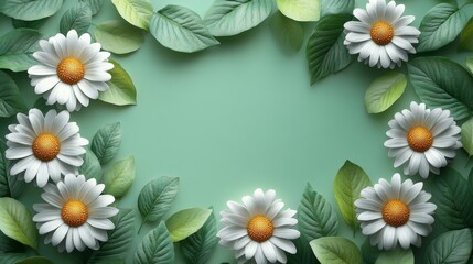 Wall Mural - daisies and green leaves spread on a light green background