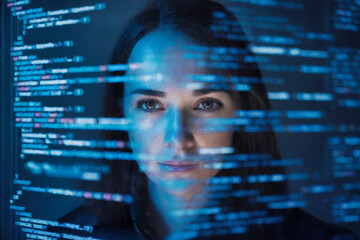 portrait of software engineer with face partially hidden by holographic code in futuristic light