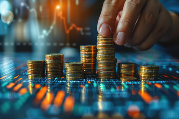 Building stack of coins symbolizes financial growth and investment strategies in digital economy. background features data charts, enhancing theme of finance and analytics