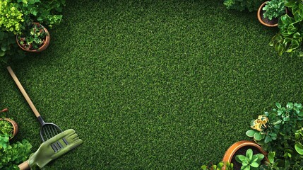 Wall Mural - Gardening tools and potted plants on green grass background.