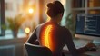 © Natalia S. - A office woman with bad posture with a curved spine and sitting at her desk working on her laptop. Skleos and spinal problems, lardoz