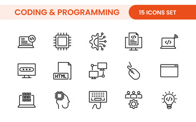 Programming coding set of web icons in line style. Software development icons for web and mobile app. Code, api, programmer, developer, information technology, coder and more.