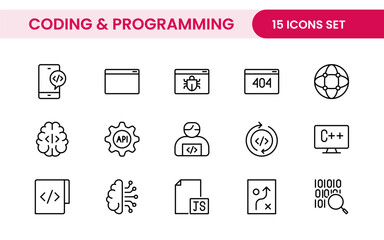 Programming coding set of web icons in line style. Software development icons for web and mobile app. Code, api, programmer, developer, information technology, coder and more.