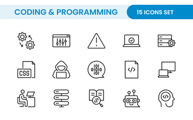 Programming coding set of web icons in line style. Software development icons for web and mobile app. Code, api, programmer, developer, information technology, coder and more.