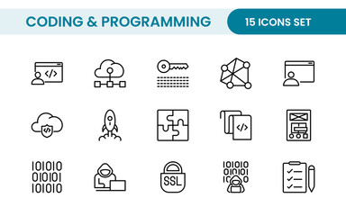 Programming coding set of web icons in line style. Software development icons for web and mobile app. Code, api, programmer, developer, information technology, coder and more.