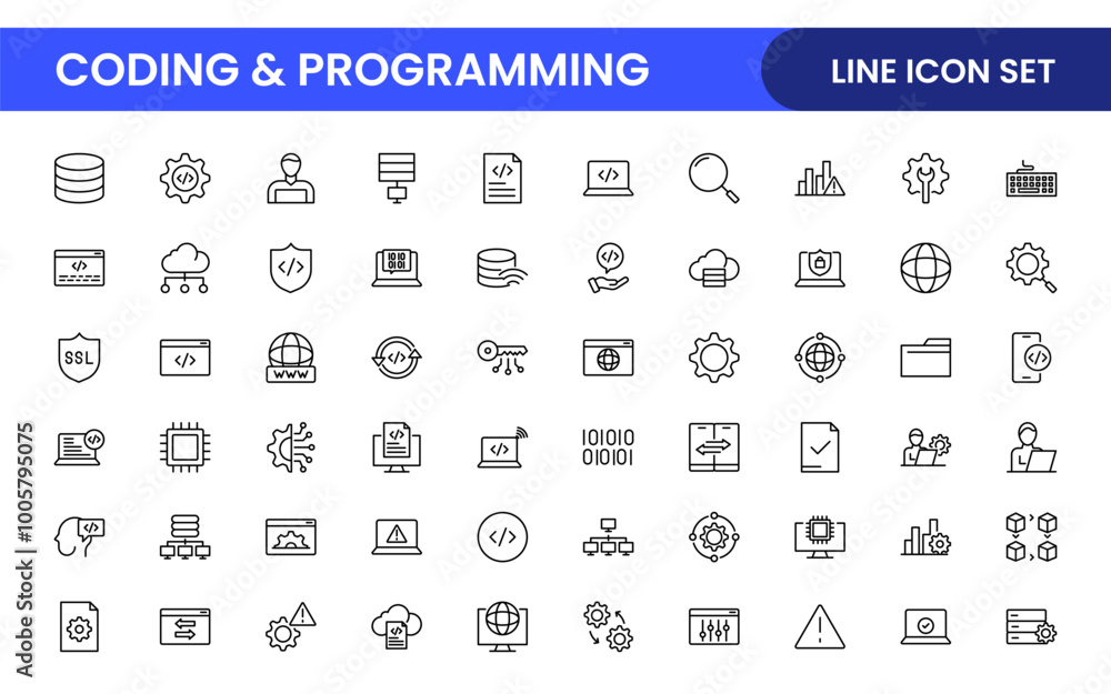 Programming coding set of web icons in line style. Software development ...