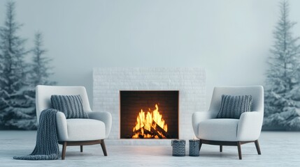 Cozy living room with two armchairs, a fireplace, and snowy tree backdrop.