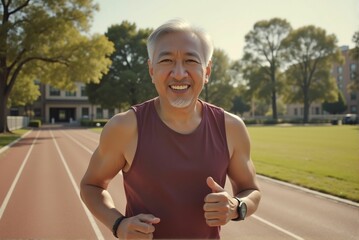 An old man is smiling and enjoying running on the track.