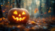 © AlexPhototest - glowing jack o lantern sits amidst fallen leaves, radiating spooky charm in misty forest. warm light contrasts with cool, eerie atmosphere, perfect for Halloween