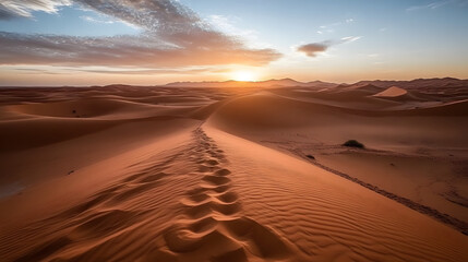 stunning desert landscape at sunset, showcasing rolling sand dunes and beautiful sky. footprints in sand add sense of adventure and exploration to this serene scene