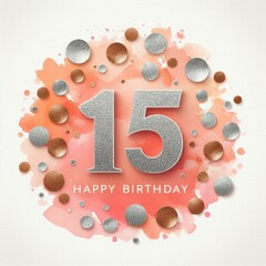 Colorful birthday greeting with glittery '15' and festive dots.