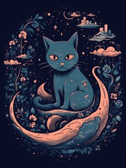  A whimsical blue cat sits on a crescent moon amidst a starry sky.