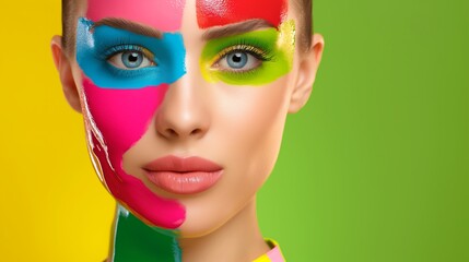 Wall Mural - woman with colorful face paint on her face. the colors are bright and vibrant, giving the impression