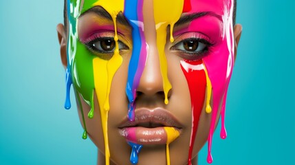 Wall Mural - woman with colorful face paint is the main focus of the image. the colors are bright and vibrant, cr