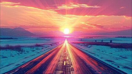 Aufkleber - Road illustration with sunset view.